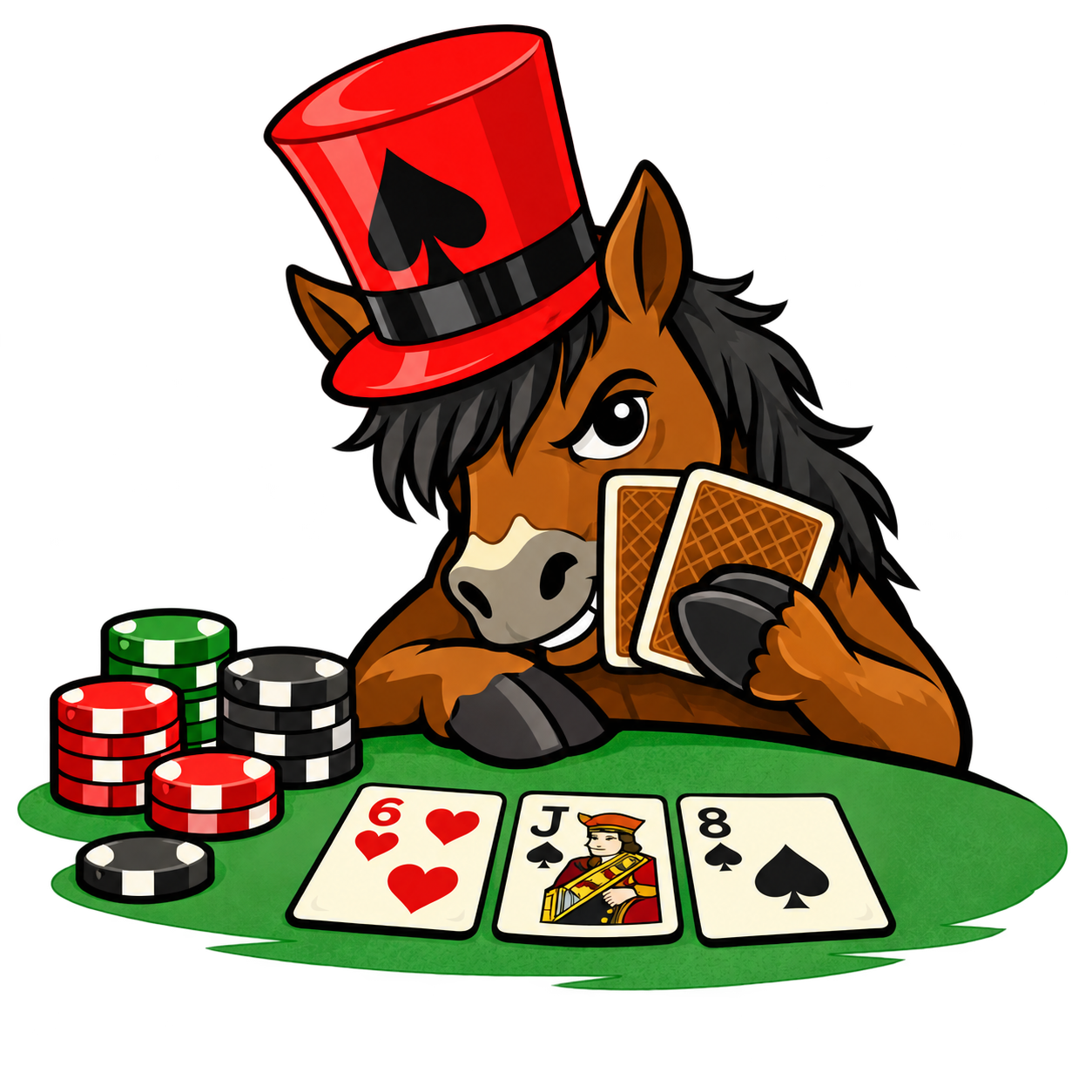 Low Limit Stud horse mascot wearing a spade hat and holding playing cards